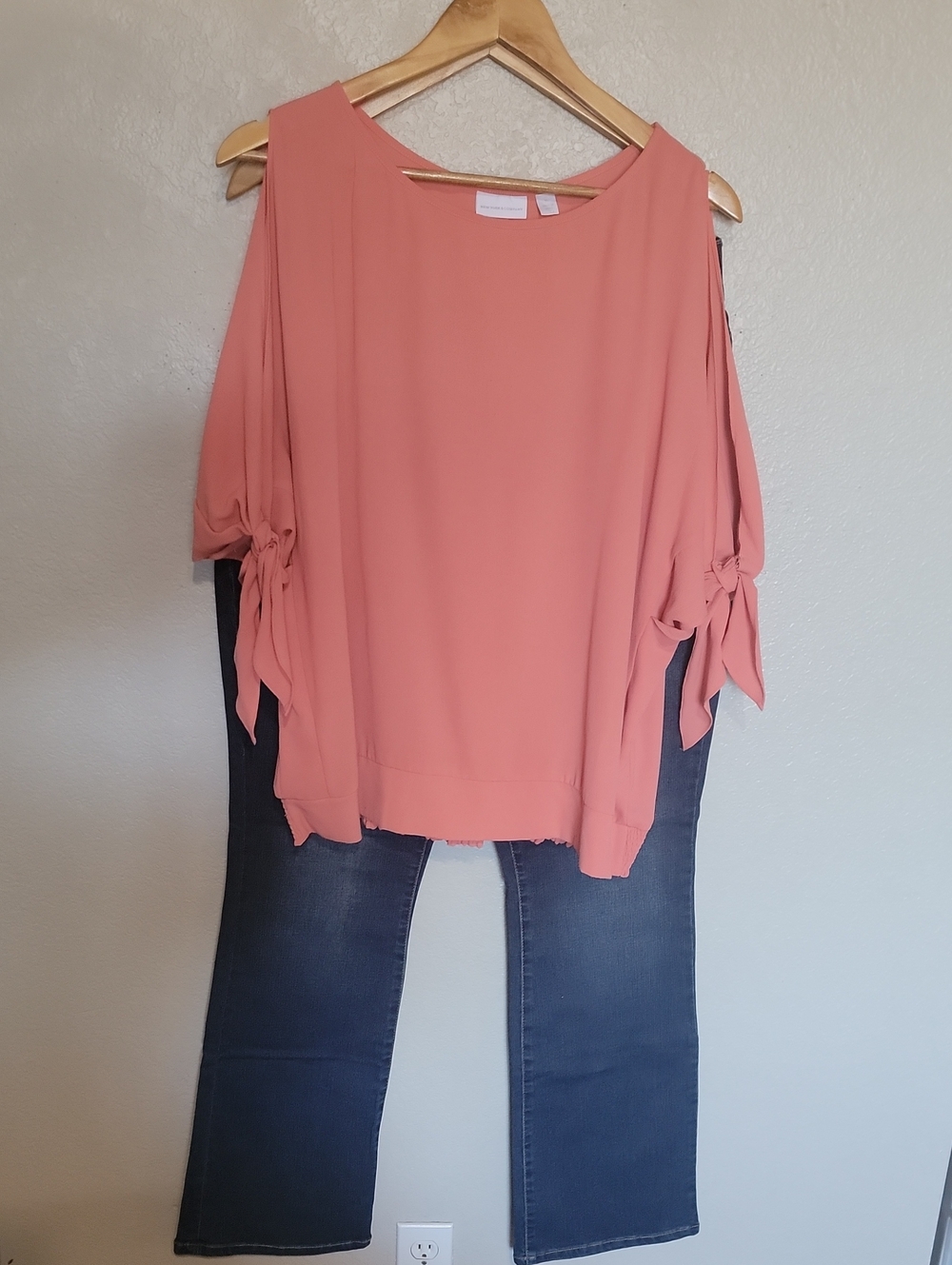 New York & Company Coral Cold-Shoulder Tie Sleeve Blouse